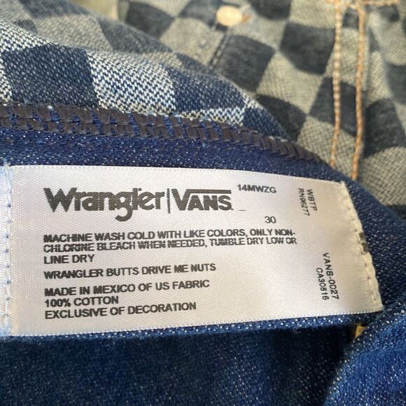 VANS X WRANGLER Off The Wall Heritage Cowboy Cut Checkerboard Denim Jeans AS NEW - Picture 11 of 16